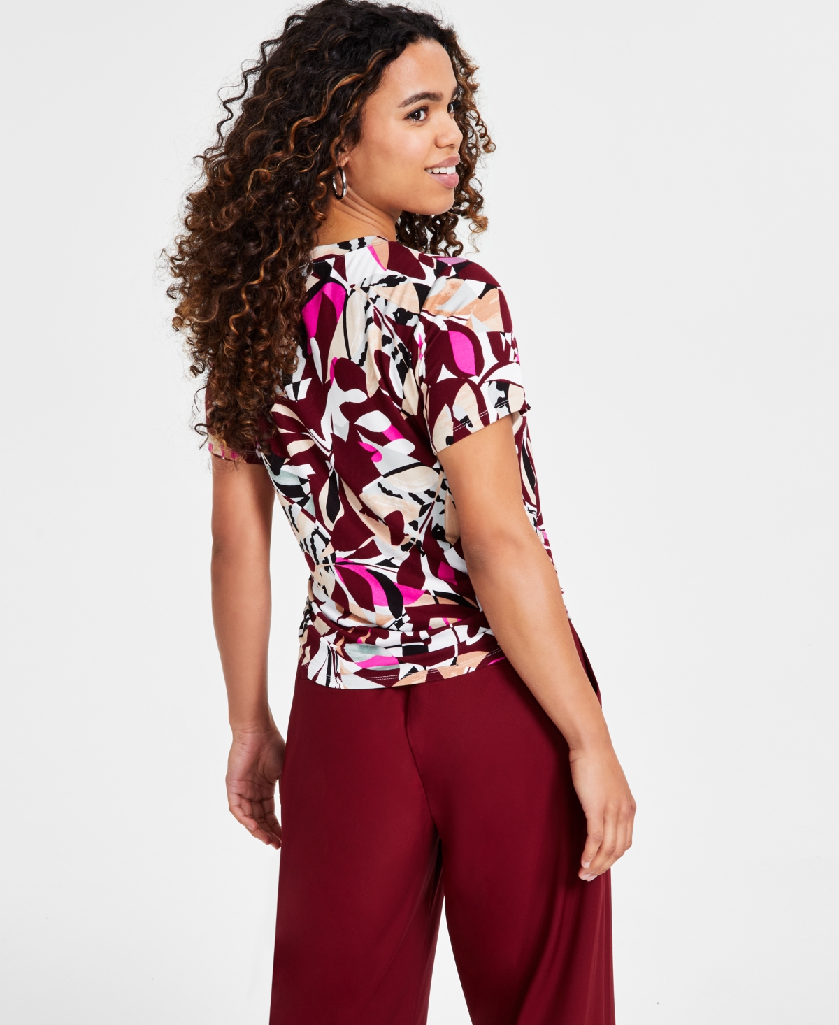 Bar Iii Petite Printed Short-Sleeve Side-Ruched Tee, Created for Macy's