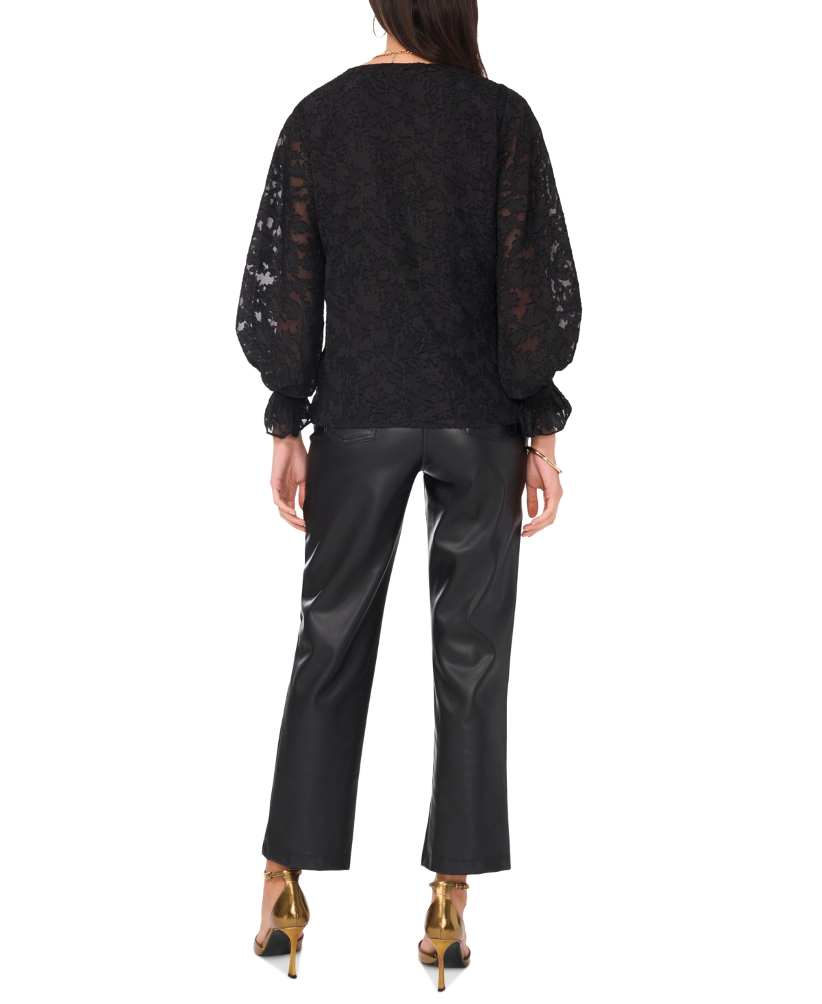 Vince Camuto Women's Jacquard V-neck Blouson-sleeve Top In Rich Black
