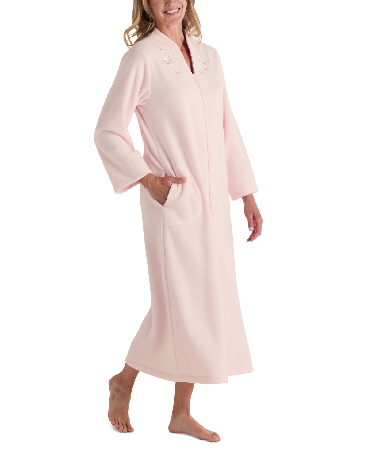 Shop Miss Elaine Plus Size Zip-front Long-sleeve Fleece Robe In Peach