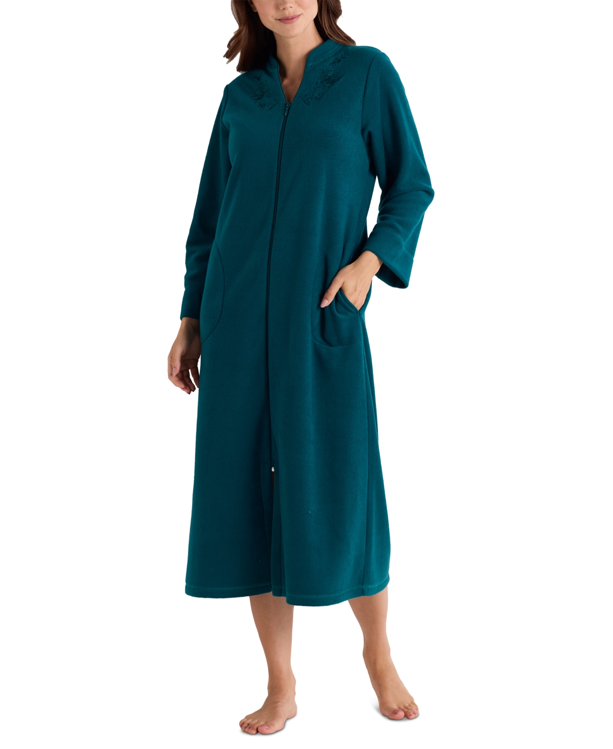 Miss Elaine Plus Size Zip-front Long-sleeve Fleece Robe In Emerald