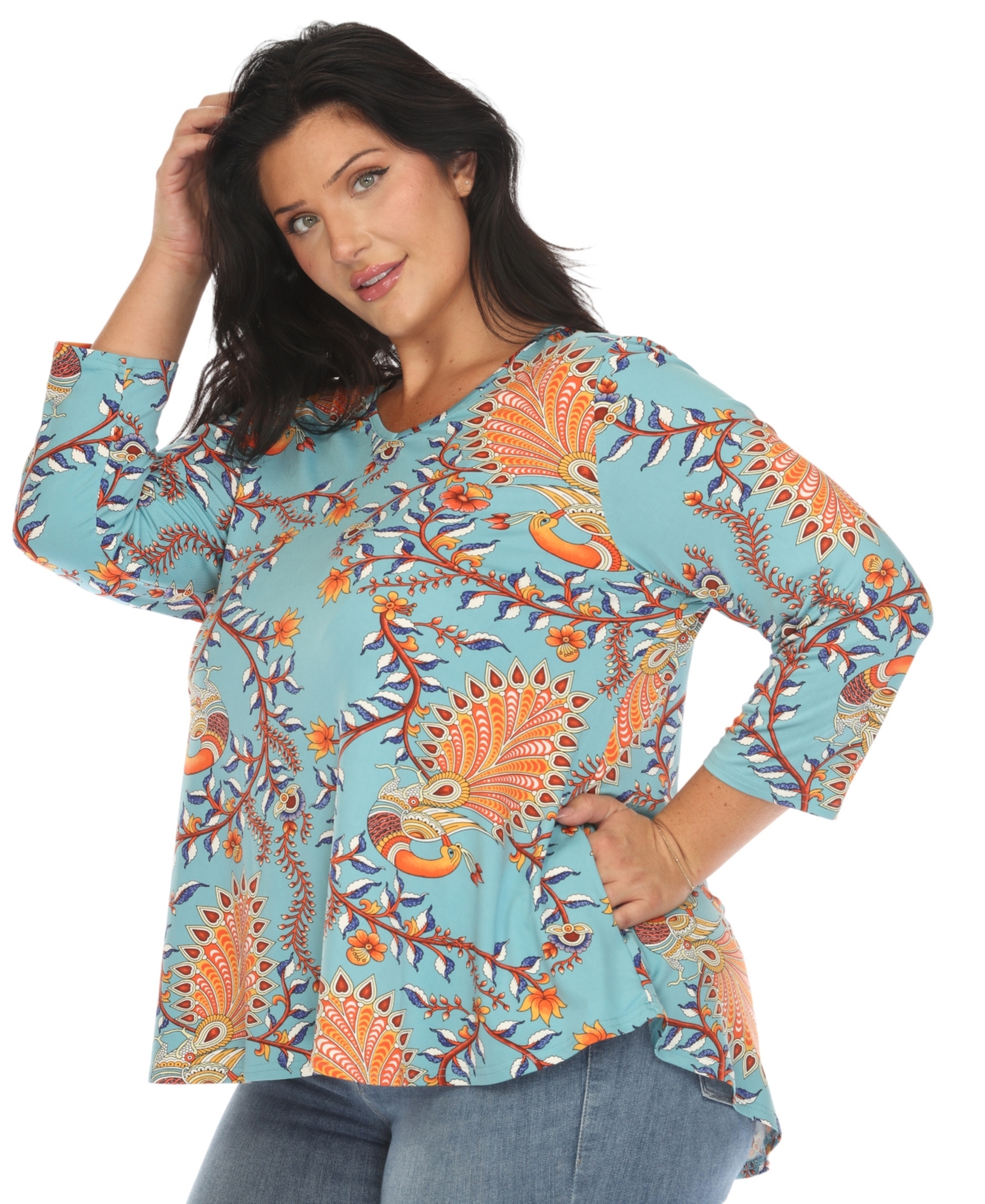 White Mark Plus Size Vibrant Boho Swing Top In Denim Blue