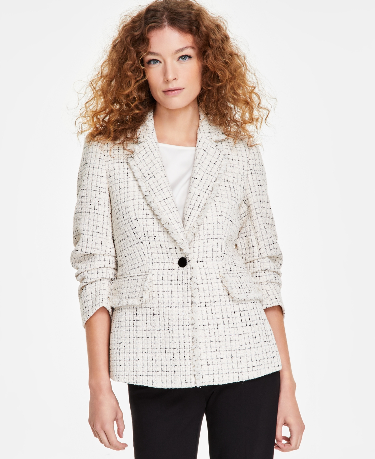 ANNE KLEIN WOMEN'S TWEED FRINGE SCRUNCH-SLEEVE BLAZER 