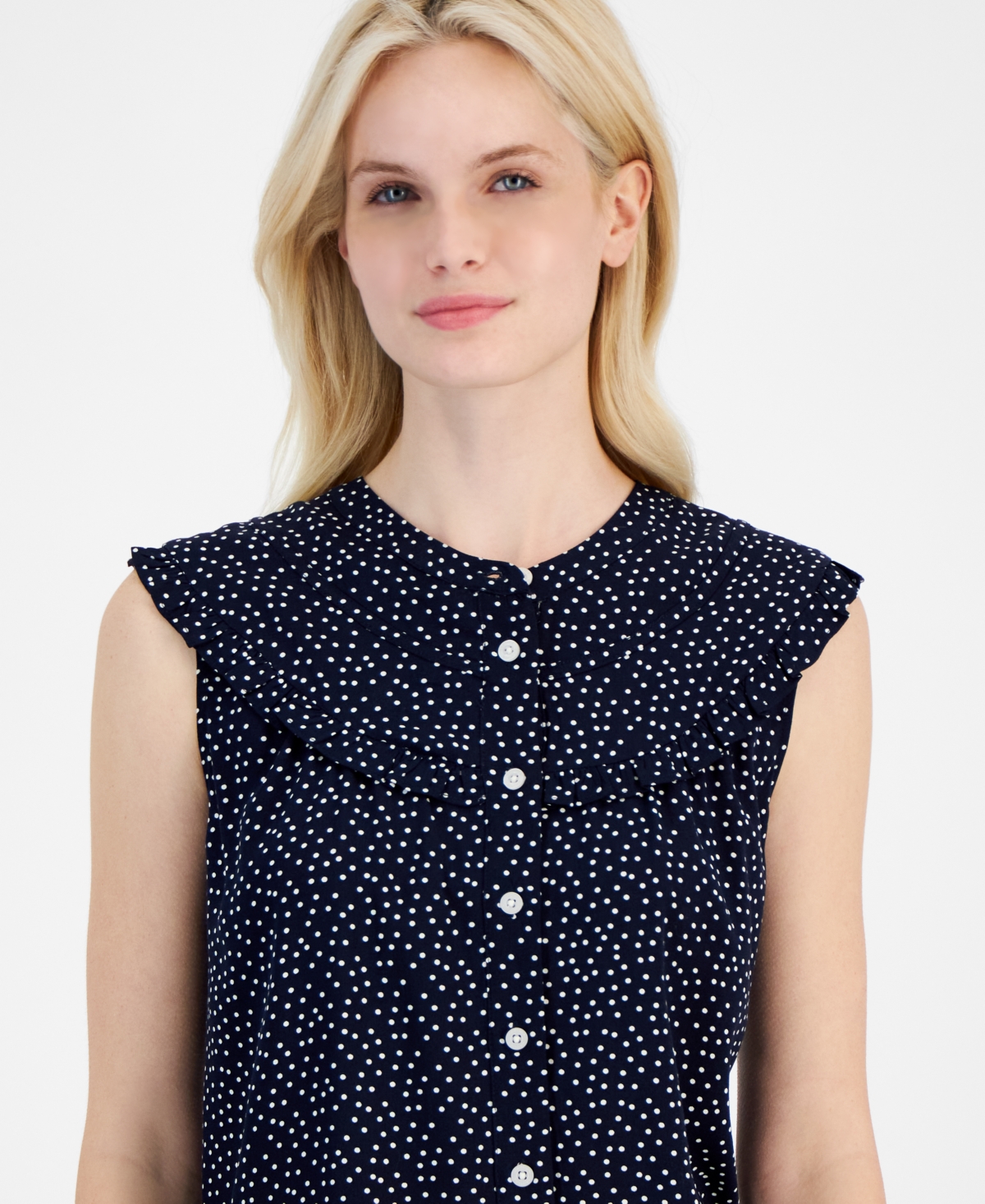 Nautica Jeans Women's Dot-Print Ruffled Sleeveless Blouse -Ivory