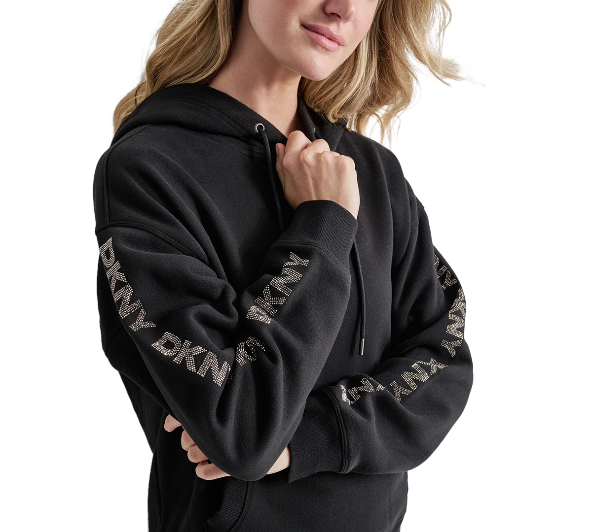 Dkny Sport Women's Rhinestone Logo Fleece Hoodie In Black,gunmetal