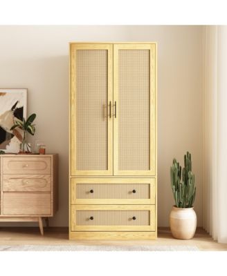 Wardrobe Freestanding Coat Storage Cabinet with 2-Tier Drawers and Hanging Bar