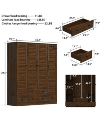  Wood   4 Shutter Doors   Drawers & Hanging Rod  Freestanding Bedroom Armoire