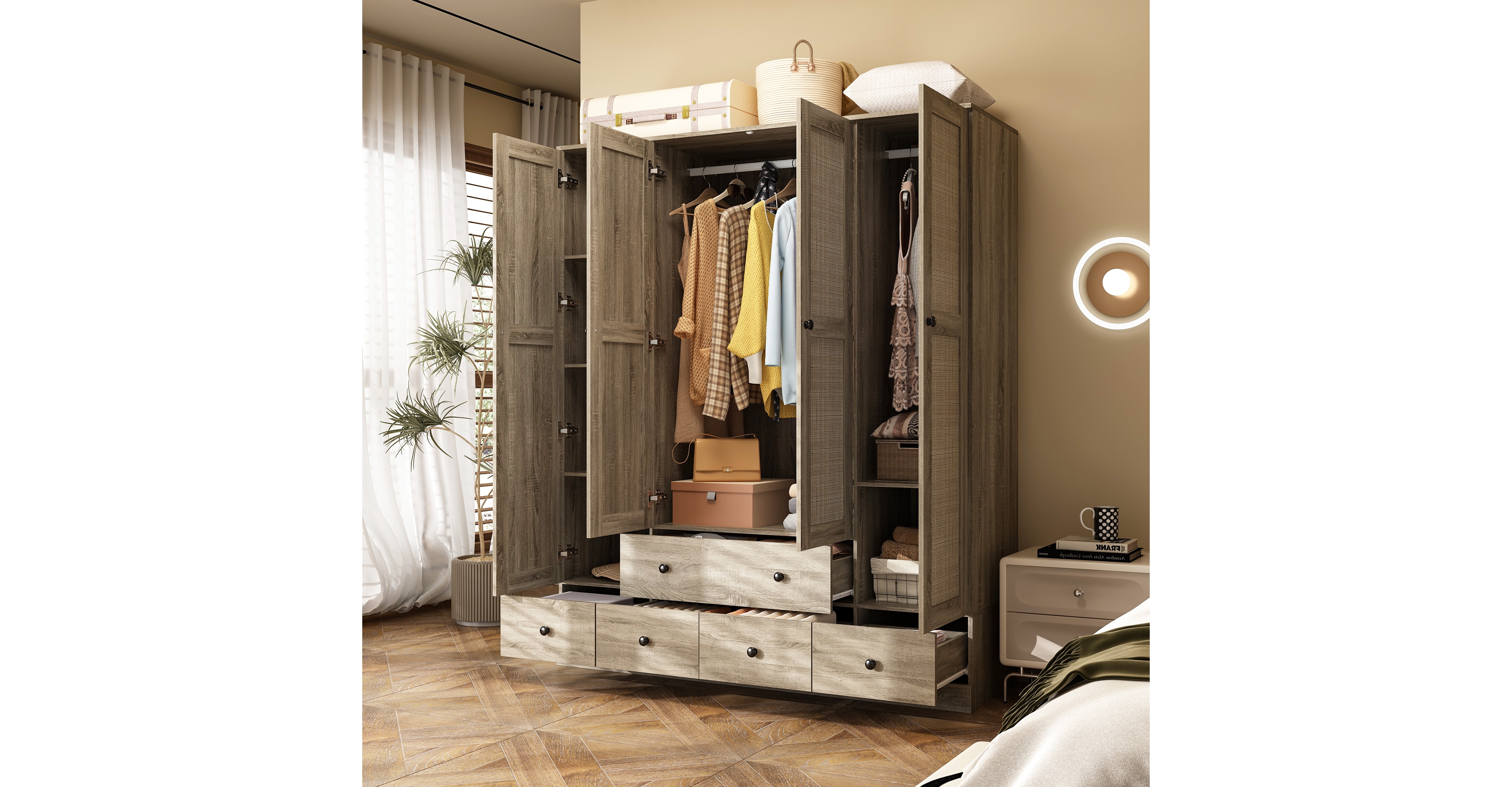 Homsee Brown Wood Grain Rattan Doors Design Armoires Wardrobe with 5-Drawers