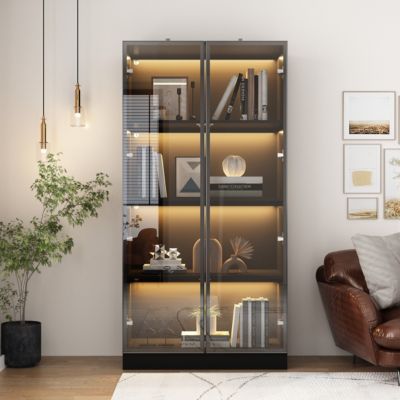 LED Lights Buffet Display Cabinet Bookcase With Glass Doors, Aluminum Framed