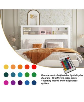 White Bookcase Headboard With Strong Storage And LED Light