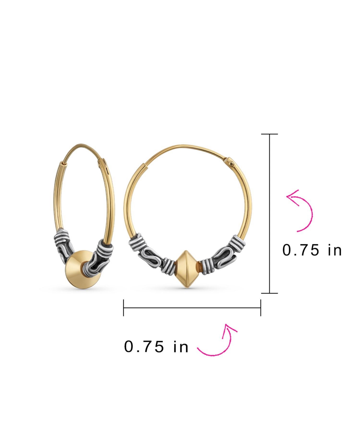 Bling Jewelry Balinese Tribal Ball Bead Continuous Bohemian Tribal Endless Bali Hoop Earrings For Women Two Tone Gold Plated .925 Sterling Silver .75