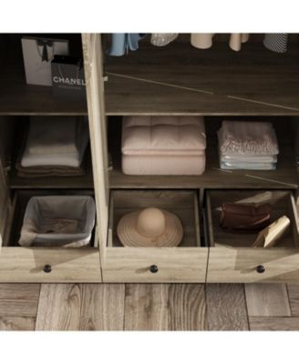 Brown Rattan Doors Wardrobe with 3-Drawers,Hanging Rod,Top Cabinet