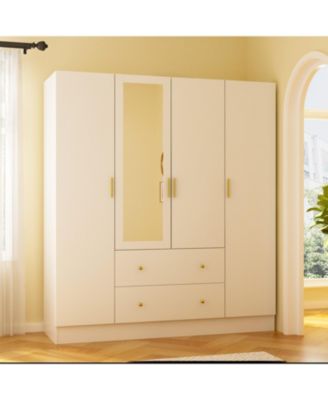 White 4-Door Armoires with Mirror, 2 Hanging Rods, 2-Drawers