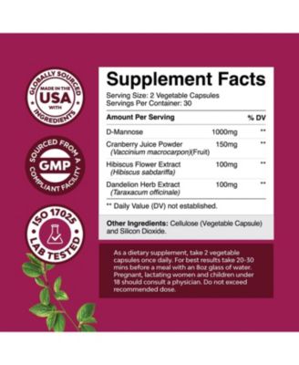 D Mannose 1000mg with Cranberry Extract Capsules, Kidney Cleanse & Urinary Tract Health for Women, Nature's Craft, 60ct