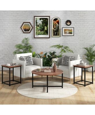 Round Nesting Table Set of 3 Modern/Farmhouse Coffee Table w/2 End Tables Walnut & Black