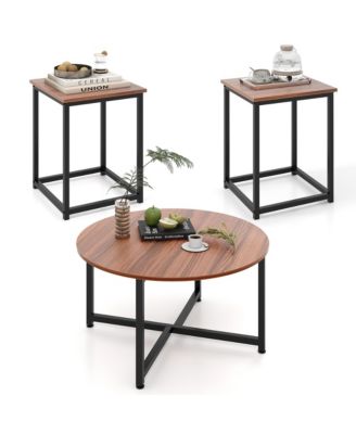 Round Nesting Table Set of 3 Modern/Farmhouse Coffee Table w/2 End Tables Walnut & Black
