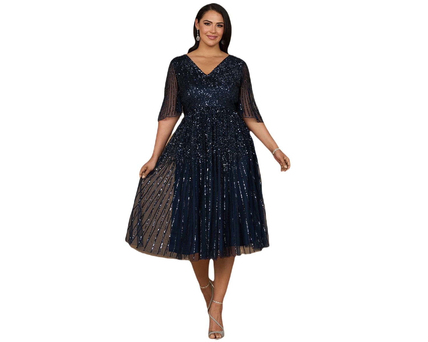 Women's Flowing, Sequin Midi Dress with Short Sleeves