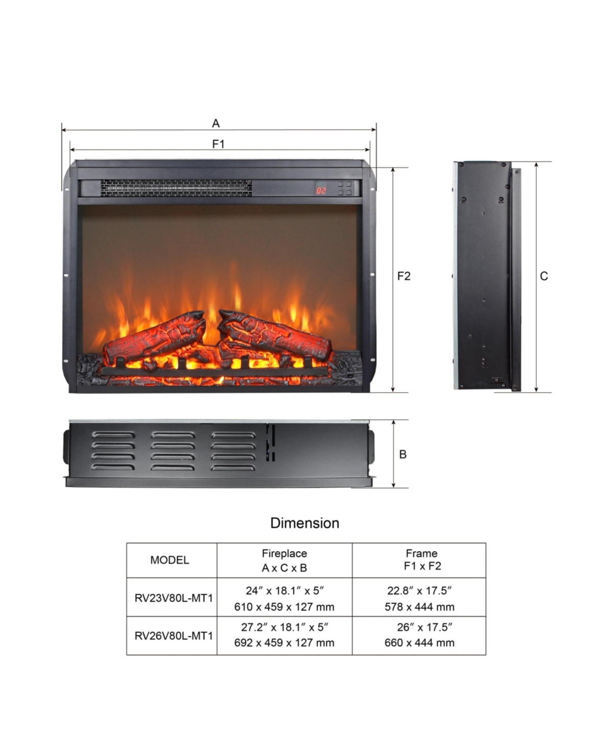 Mondawe Electric Fireplace Insert With Log Set & Realistic Flame, Remote Control With Timer