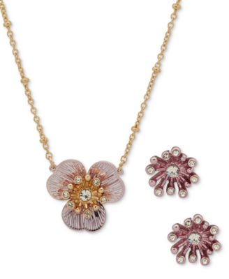 lonna & lilly - Gold-Tone Crystal-Accented Color Flower Pendant Necklace & Stud Earrings Set