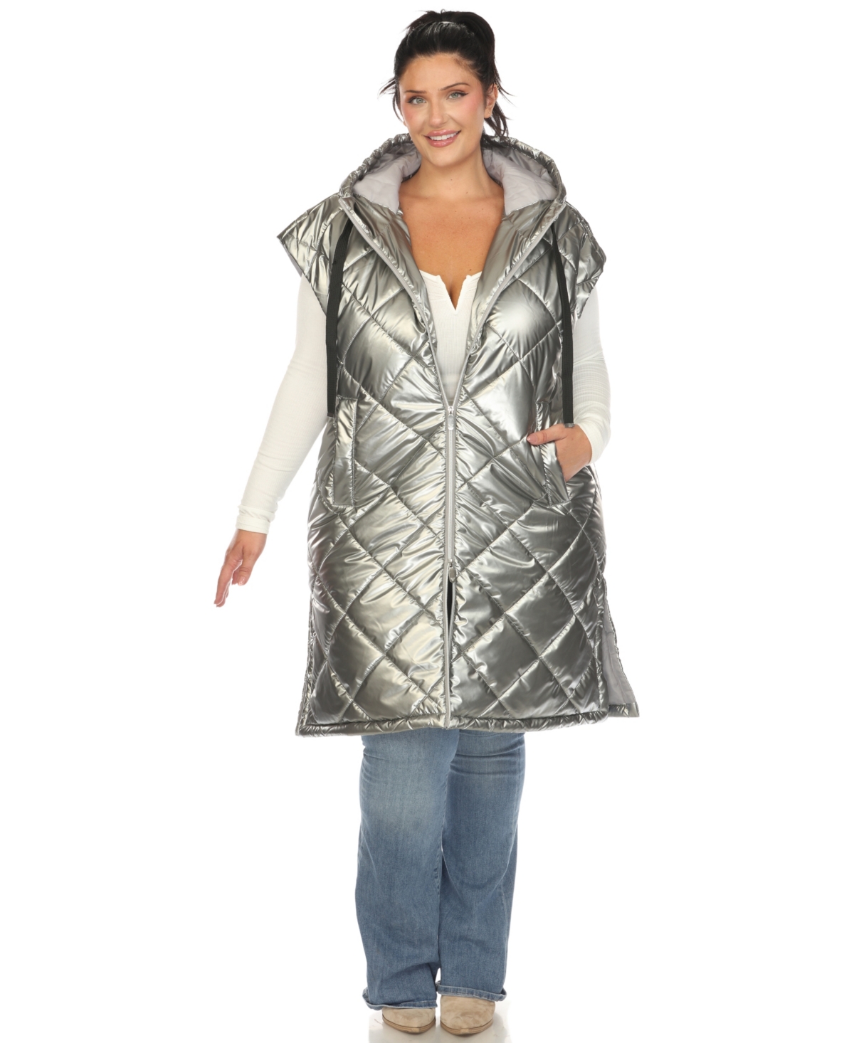 White Mark Plus Size Metallic Puffer Vest Jacket In Metallic Silver
