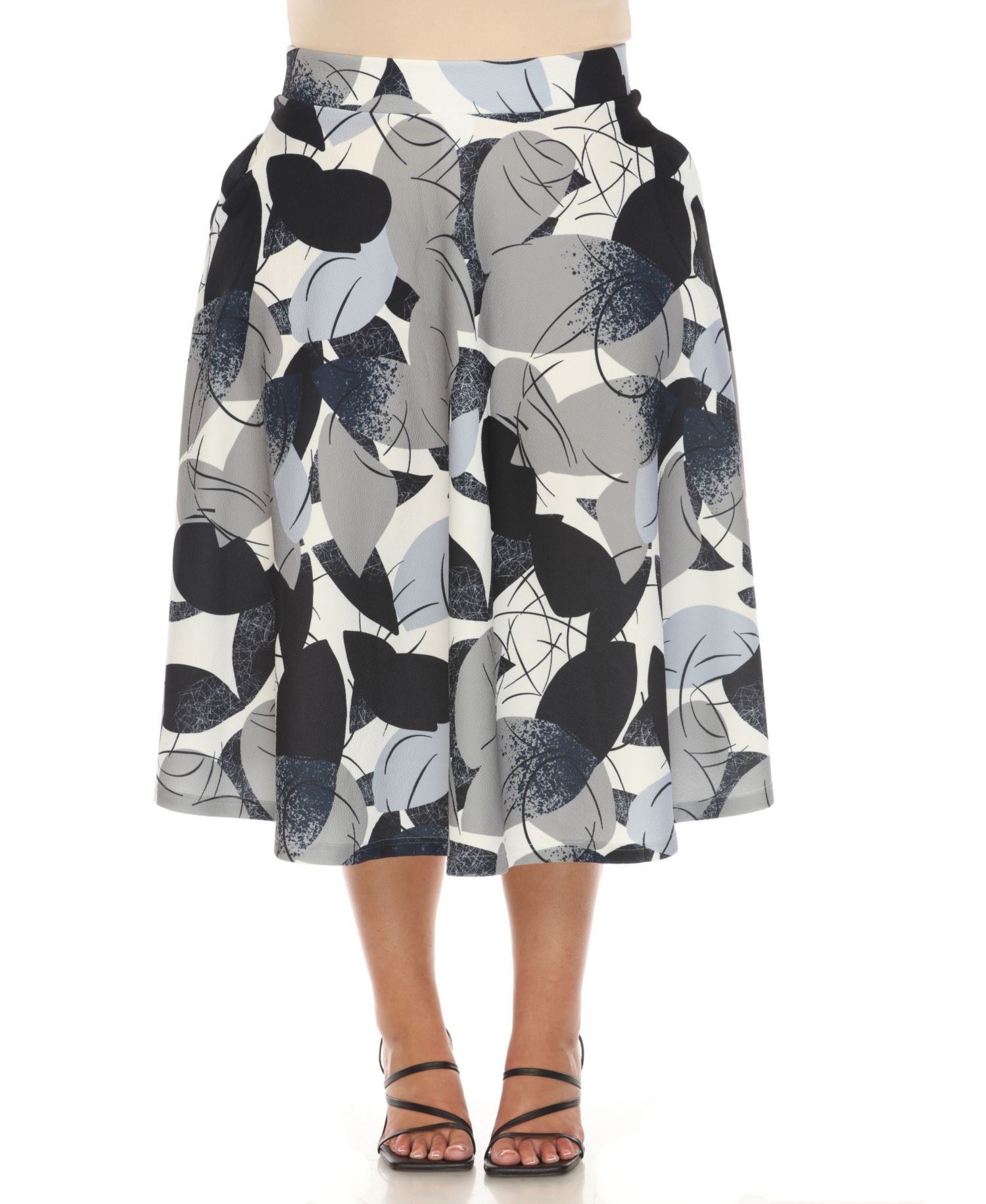 Plus Size Leaf Print Vintage Flared Midi Skirt
