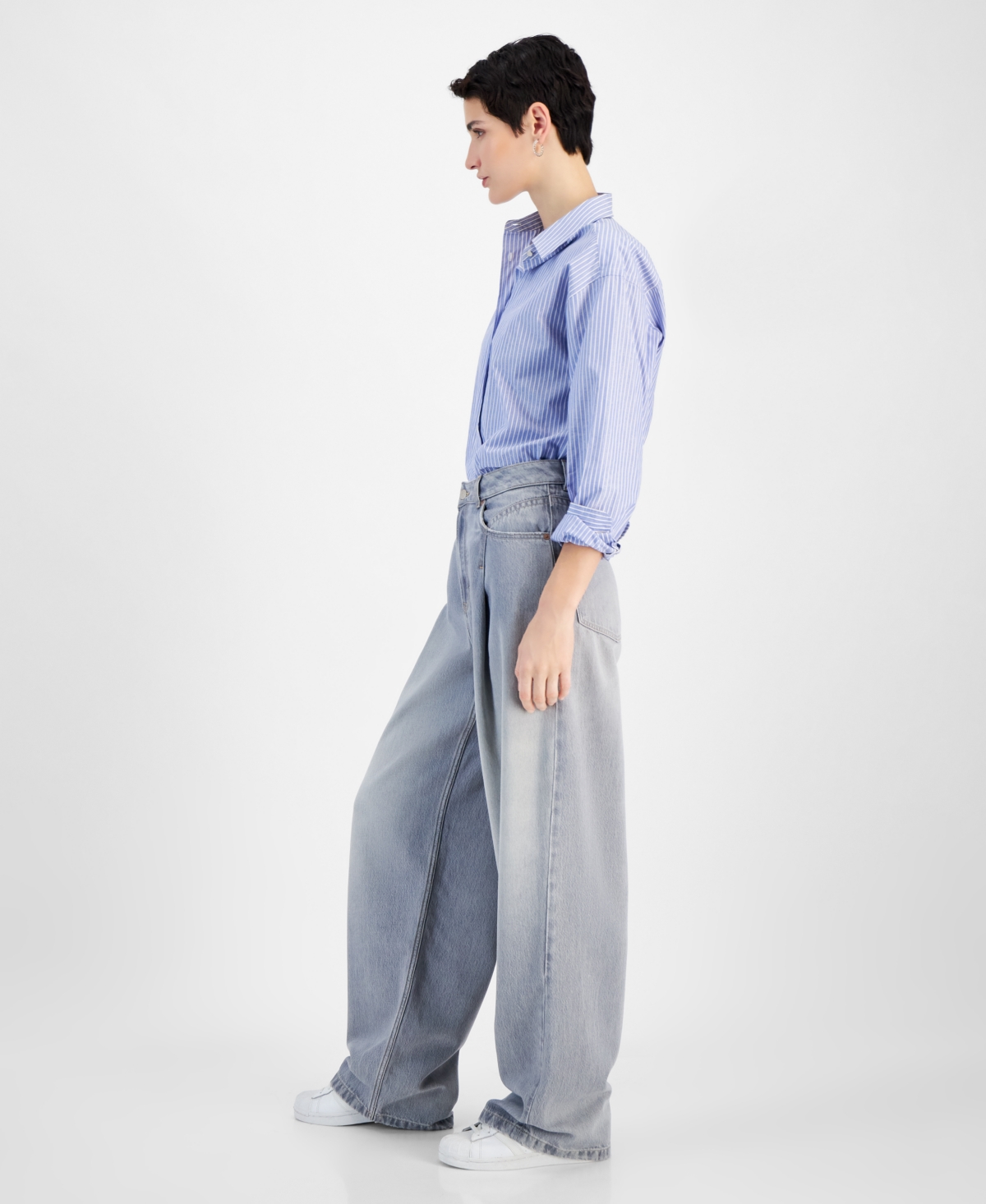 HUGO BOSS WOMEN'S SLOUCHY DENIM PLEATED WIDE-LEG PANTS 
