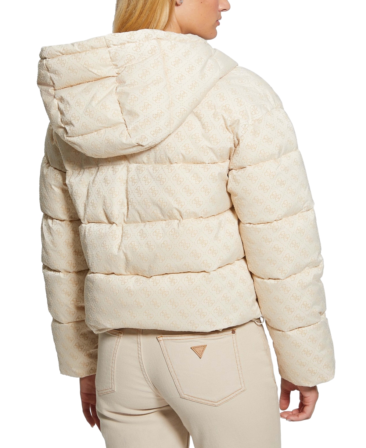 Guess Daisy Flock Logo Puffer Coat In Peony Logo Pearl