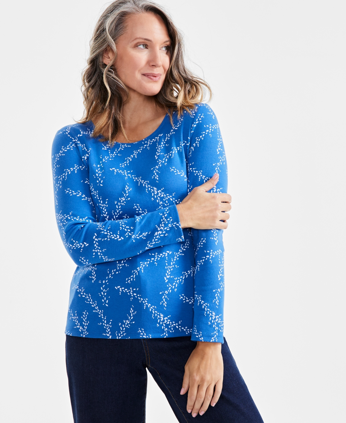 Style & Co Women's Printed Long Sleeve Scoop-Neck Top, Created for Macy's