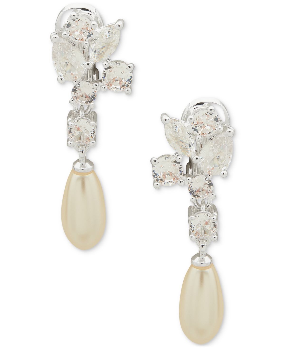 Anne Klein Silver-tone Cubic Zirconia Cluster & Imitation Pearl Clip-on Drop Earrings