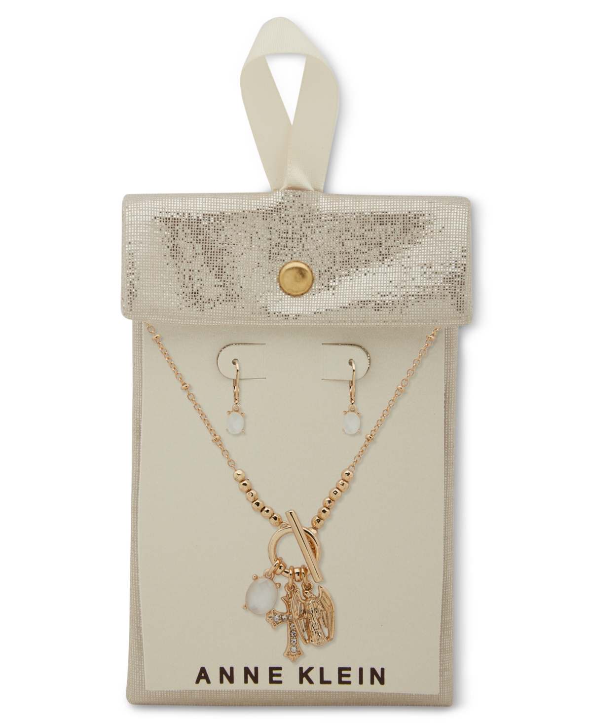 Anne Klein Gold-Tone Mixed Stone Cross Multi-Charm Pendant Necklace & Drop Earrings Set