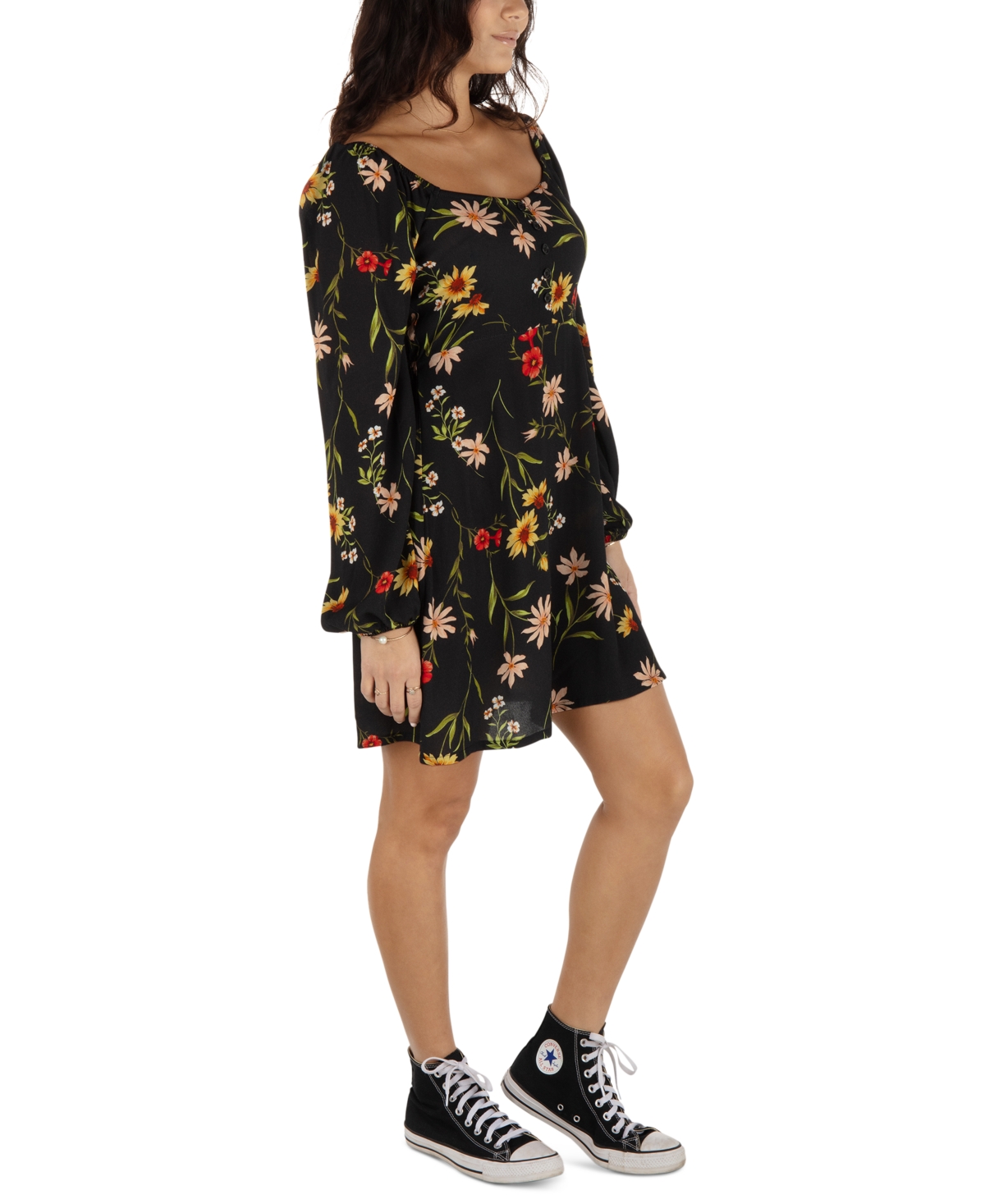 HURLEY JUNIORS' MEADOW BREEZE LONG-SLEEVE MINI DRESS 