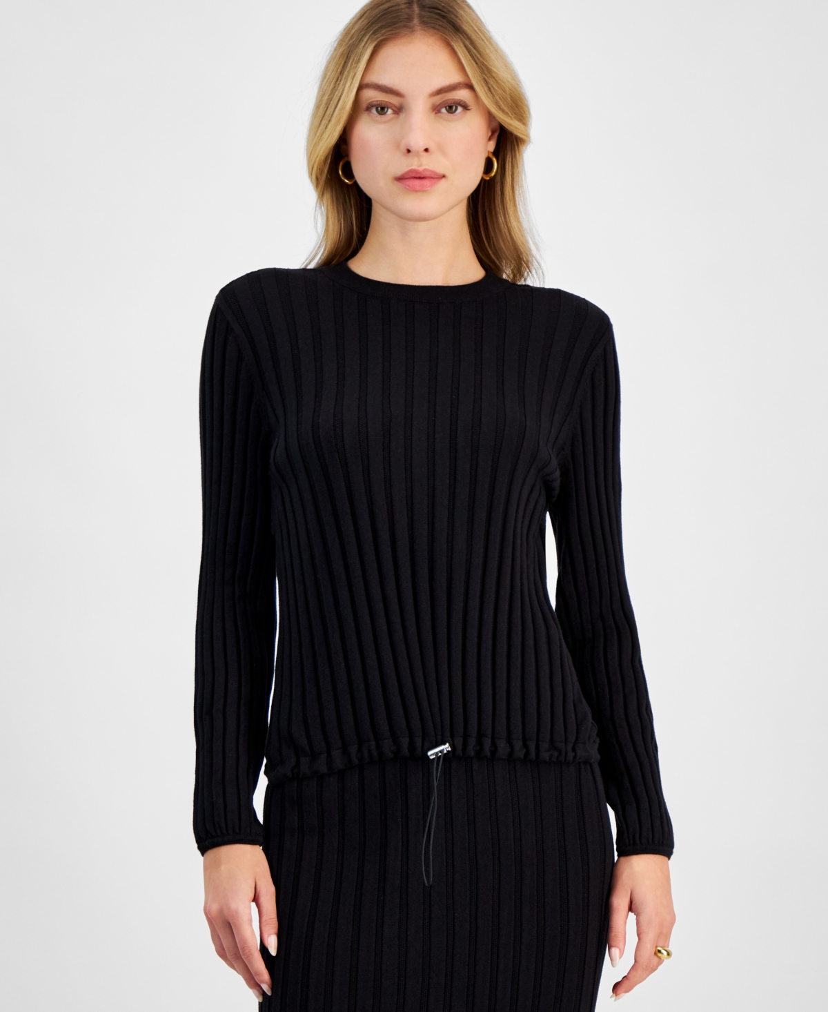 Bar Iii Women's Ribbed Drawstring Sweater, Exclusively At Macy's In Black