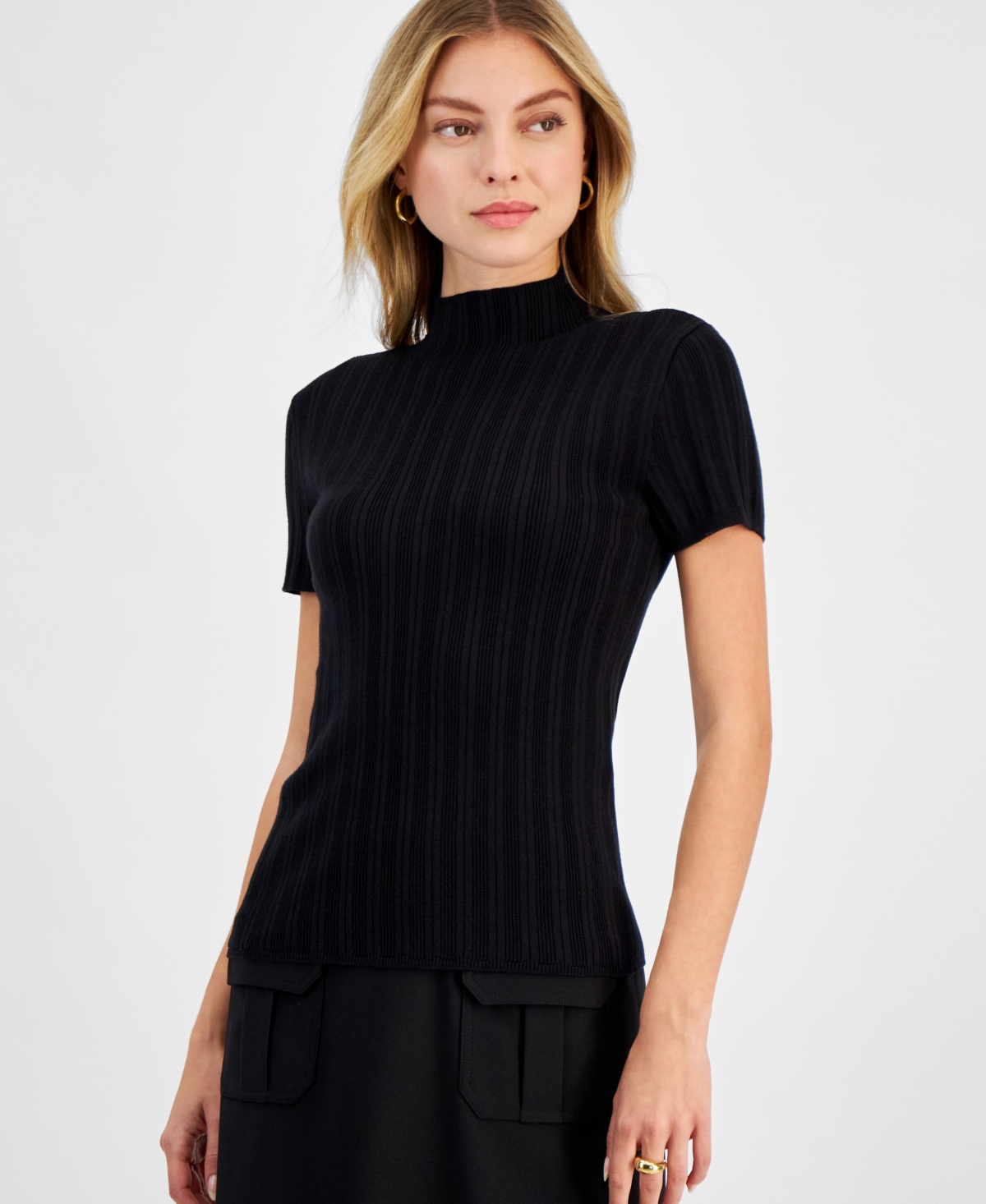 Bar Iii Women's Ribbed Cap-sleeve Sweater, Exclusively At Macy's In Black