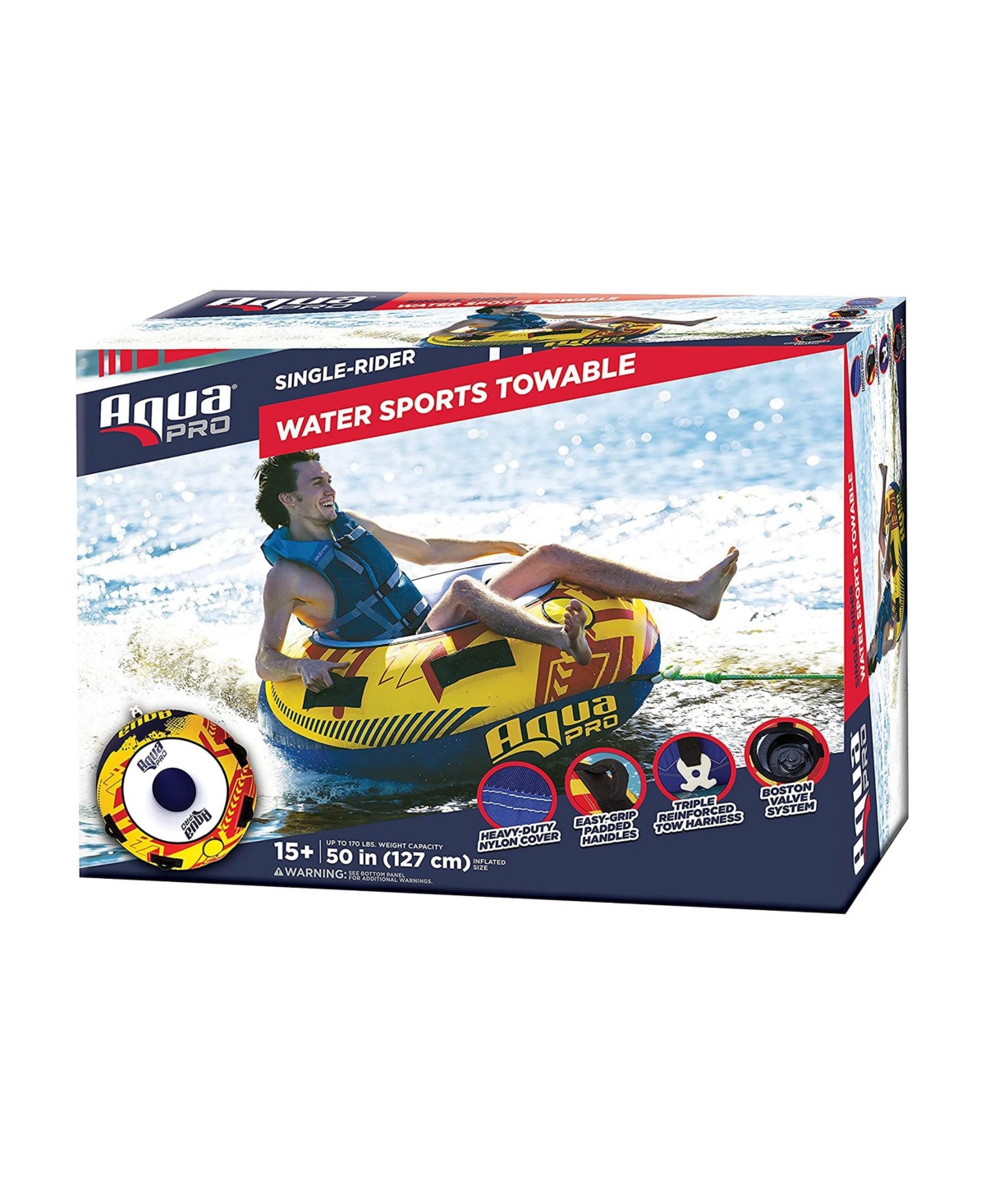 AquaPro 50 In Heavy Duty Nylon Deck Style Towable 1 Person Rider, Yellow and Red