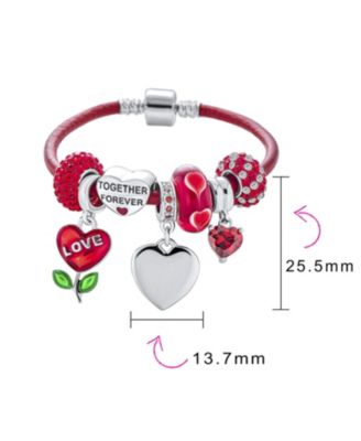 Initials Love Heart Charm Bracelet with  Red Leather and Sterling Silver Clasp