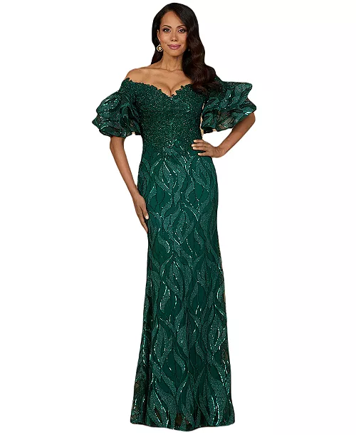 women's off shoulder mermaid beaded gown with tiered sleeves