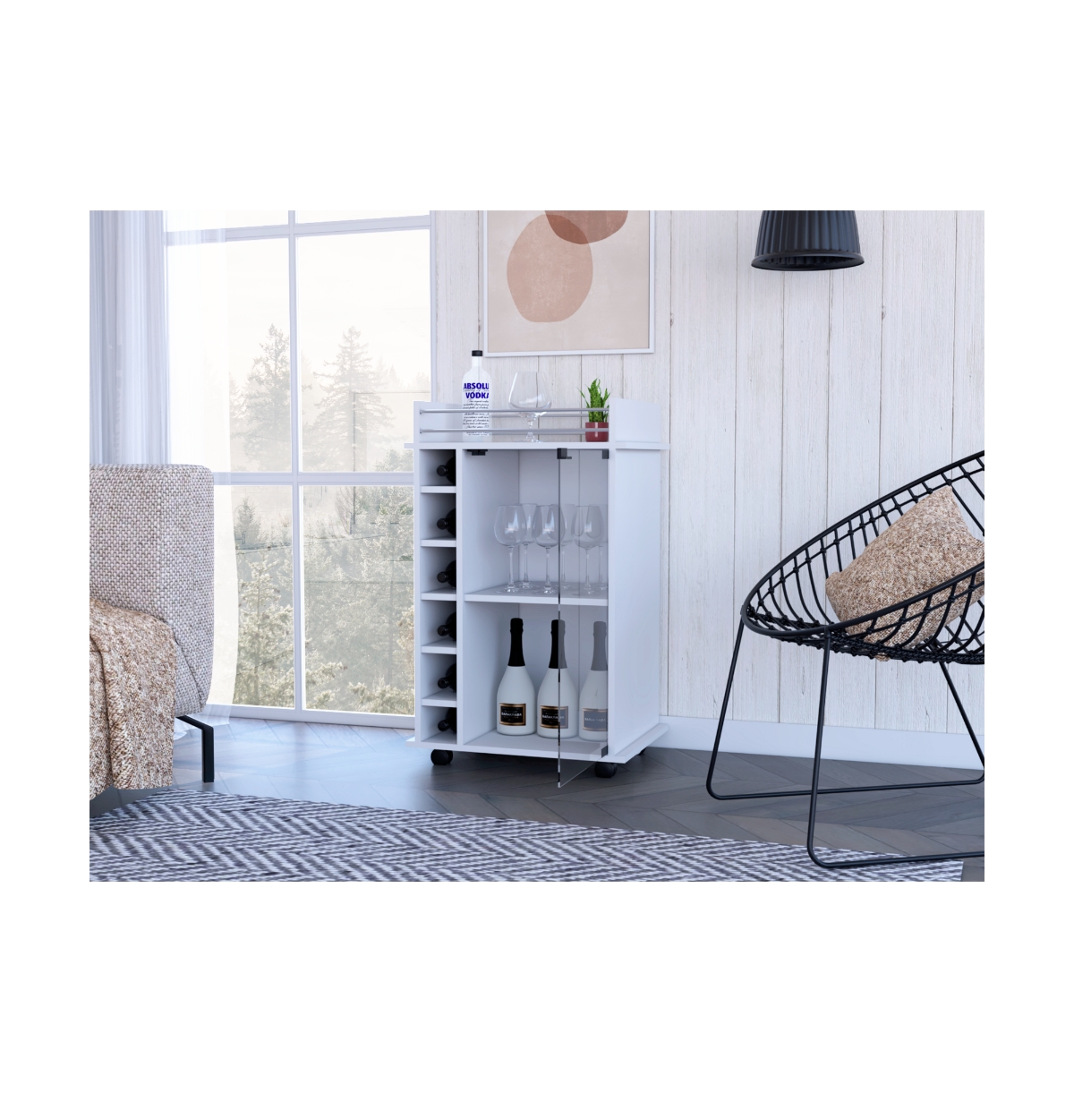 Depot E-Shop Huali Bar Cart, Six Built-in Wine Rack, Glass Door, Four Casters, Two Shelves