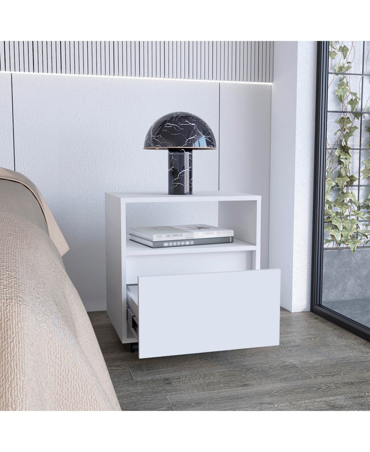 Depot E-Shop Wasilla Nightstand with Open Shelf, 1 Drawer and Casters