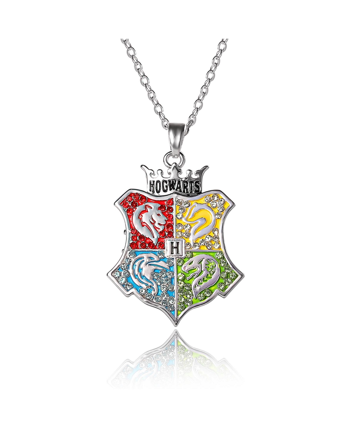 Hogwarts Crest Pendant Multicolored Charm Necklace - Silver tone, red, green