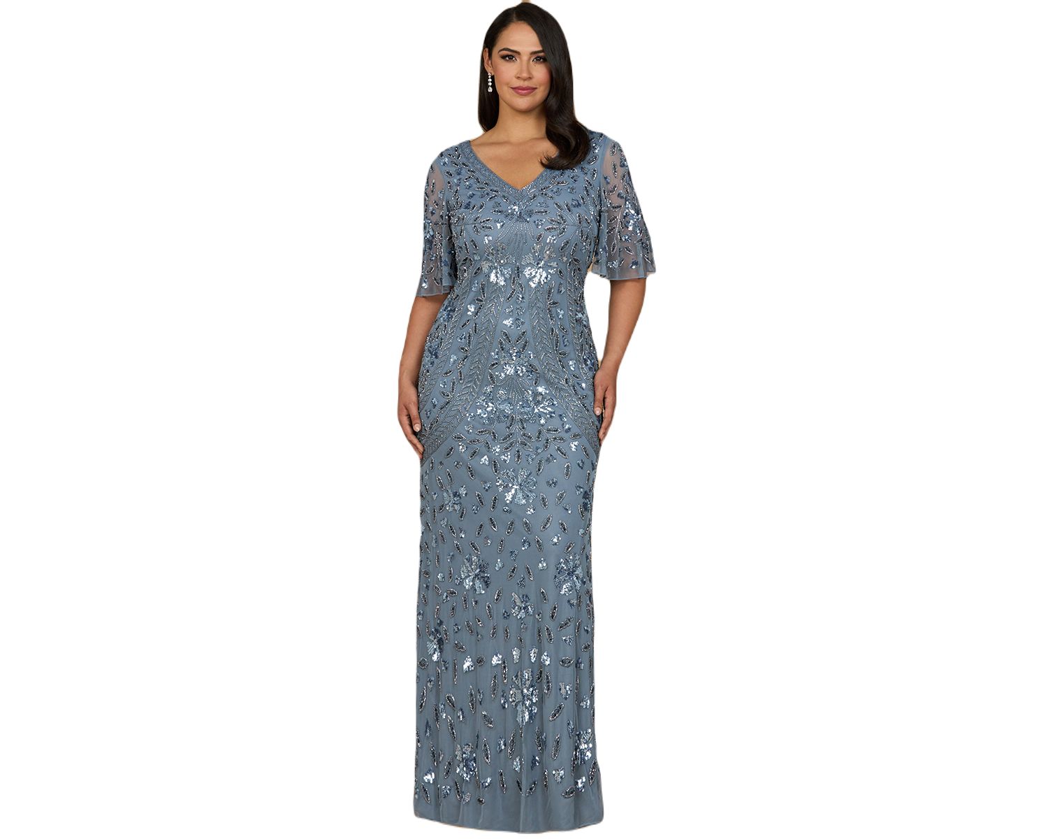 Women's V-Neck, Cape Sleeve Beaded Gown