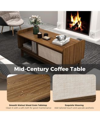 39.5" Rectangular Coffee Table with Sliding Weaving Doors – Wood Center Table