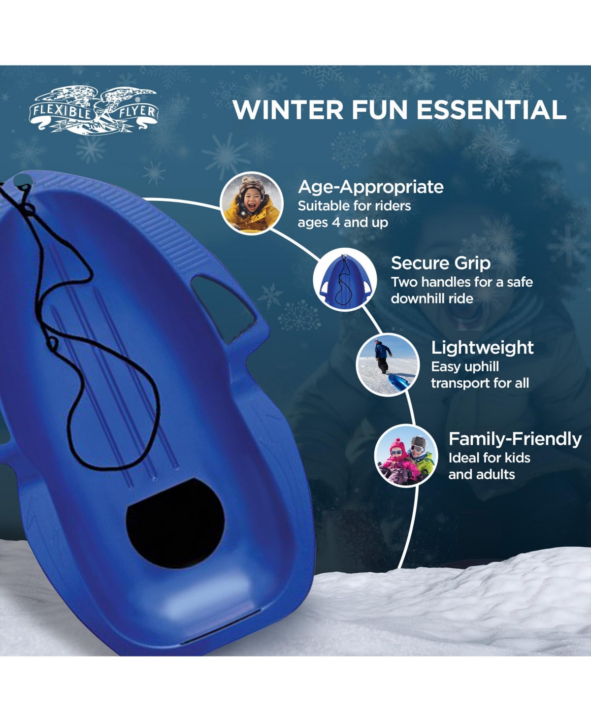 Flexible Flyer Spitfire Sled 1 Person Toboggan with Tow Rope & Seat Pad, Blue