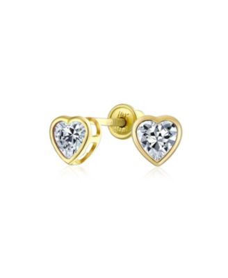 14k Gold .25CT Tiny Lavender CZ Bezel Set Heart Stud Earrings Screw Back