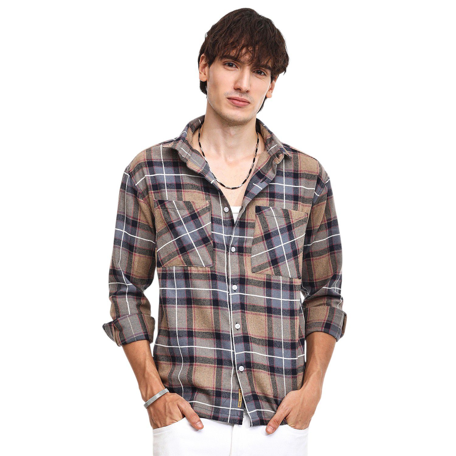 Men's Icy Blue & Saltbox Beige Tartan Plaid Utility Shirt