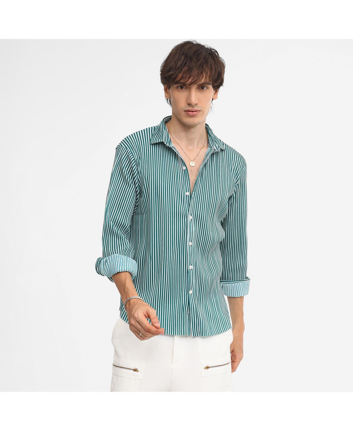 Men's Forest Green & Powder White Pleat-Creased Shirt - Green