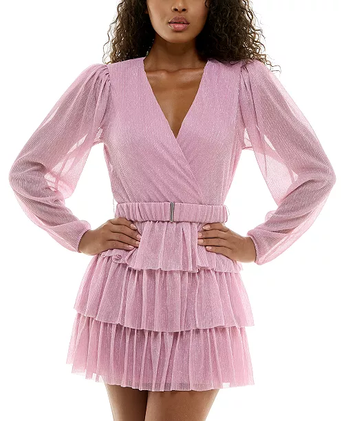 juniors' metallic v-neck belted tiered dress
