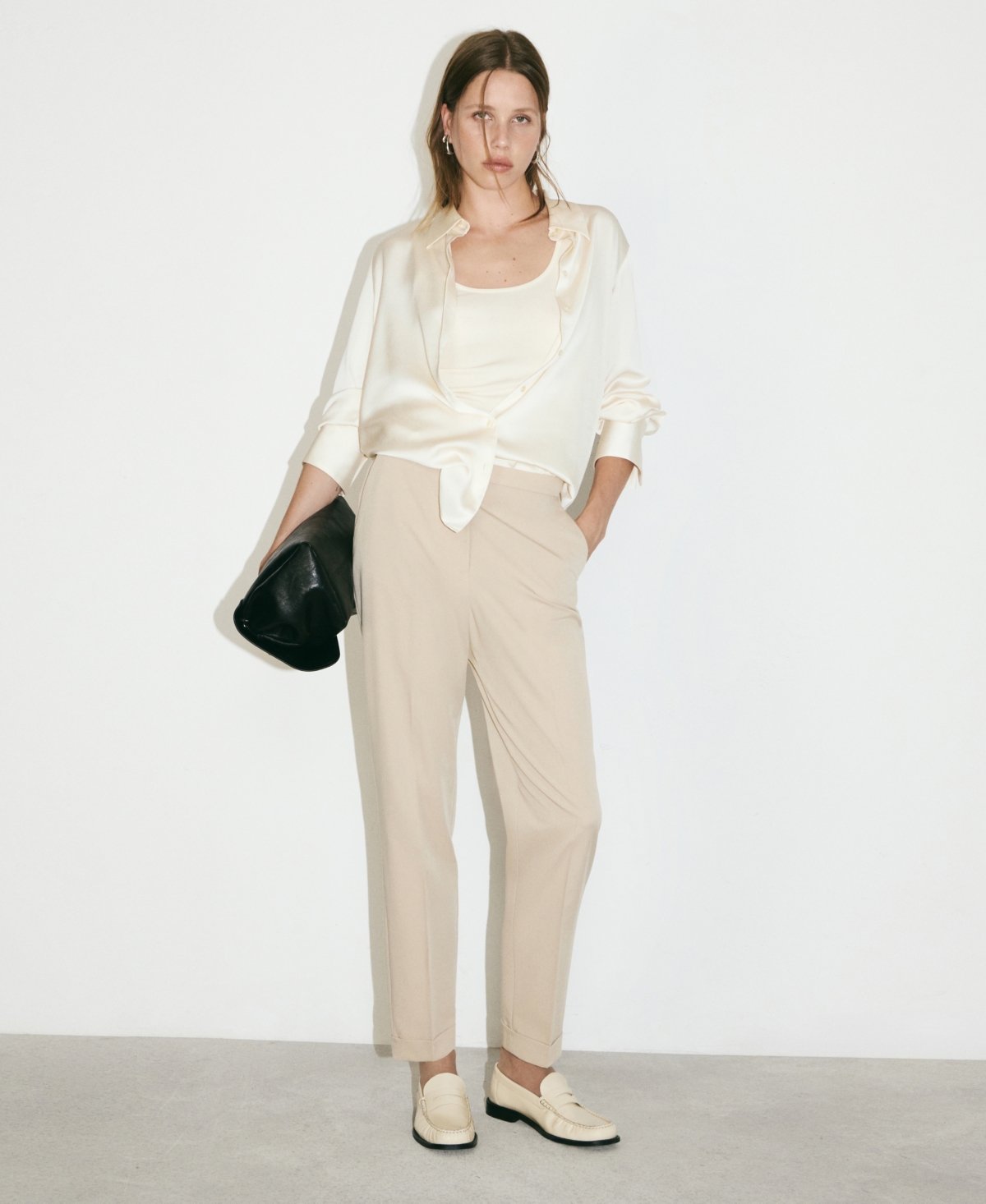 Mango Belted Straight Leg Pants In Light,pastel Gray