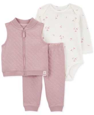 Carter's - Baby Girls Quilted Little Vest, Bodysuit & Quilted Pants, 3 Piece Set