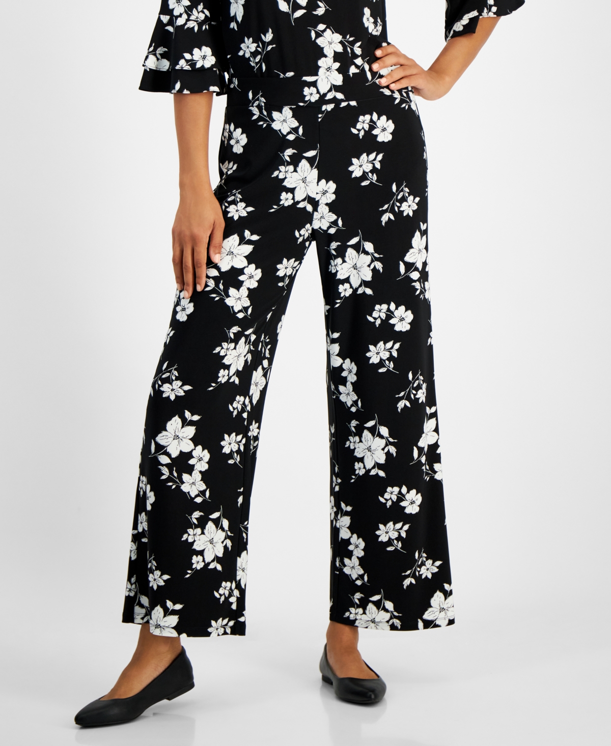 Women's Floral-Print Straight-Leg Pull-On Pants - Black/Vanilla Ice Multi