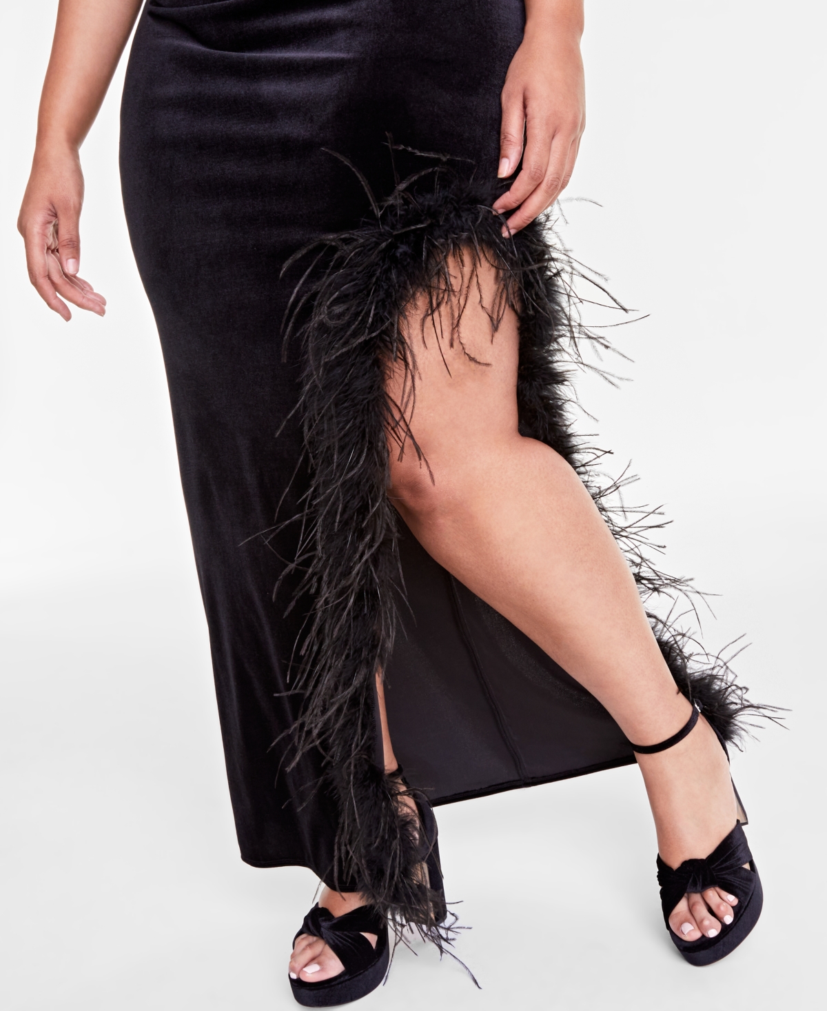 B Darlin Trendy Plus Size Velvet Feather-Trim Gown -black