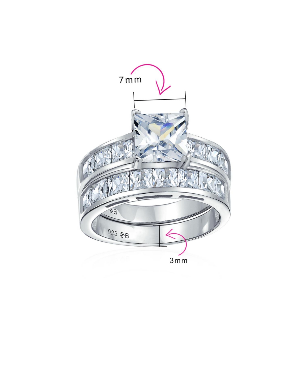 Bling Jewelry 2CT Princess Cut Solitaire Side Stone Cz Square Anniversary Band Engagement Wedding Ring Set .925 Sterling- Silver
